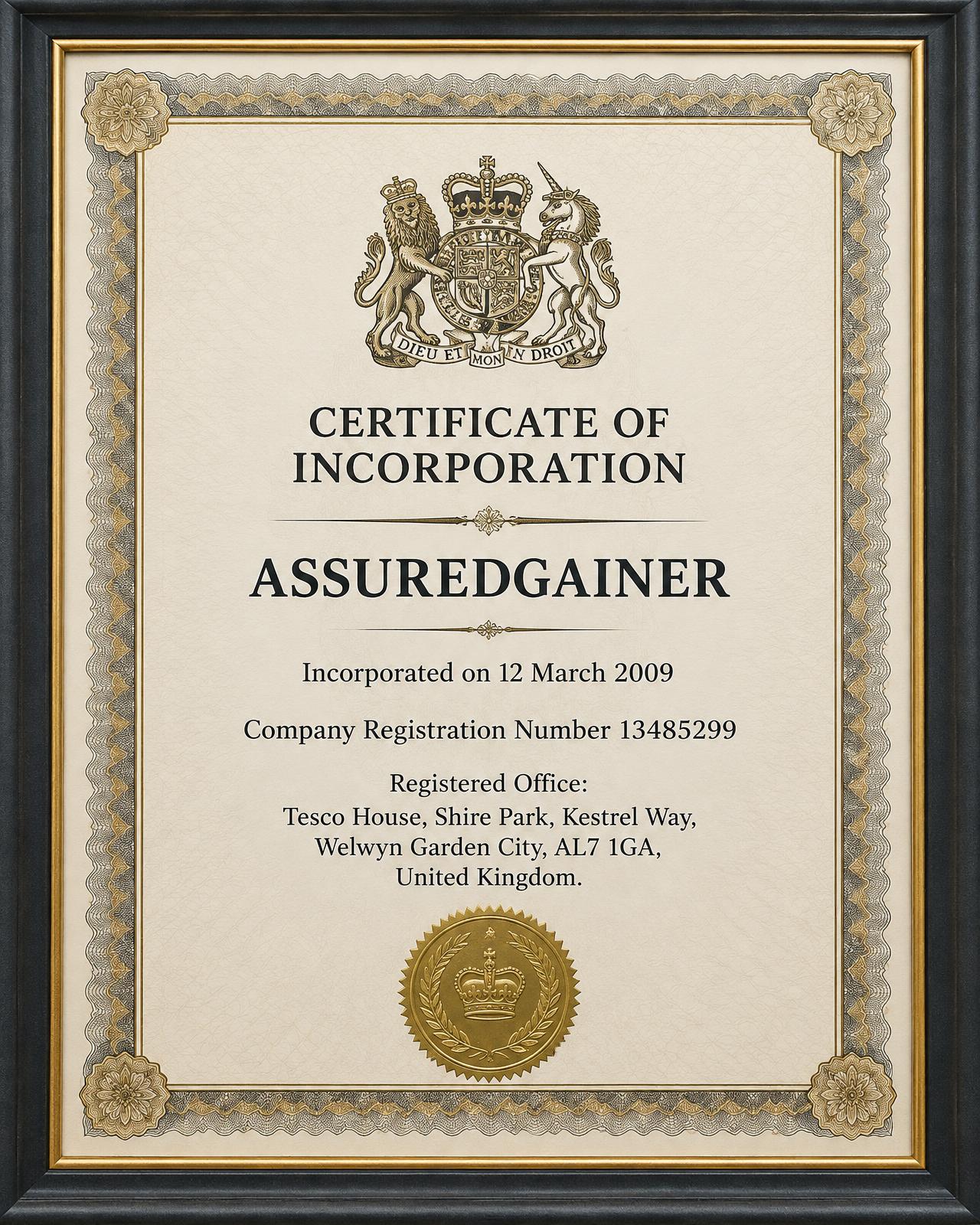 Framed certificate of incorporation for ASSUREDGAINER, registration number 13485299