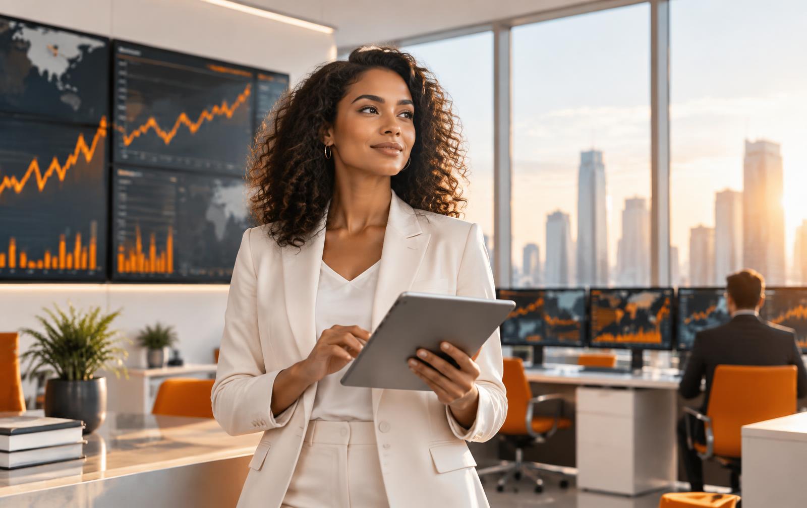 Investor checking market prices on a phone in front of trading screens